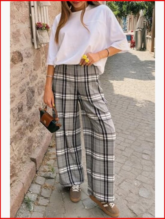 Wide Leg Palazzo Pants Elastic Waist High Rise Casual Trousers with Pockets - Picture 5 of 6